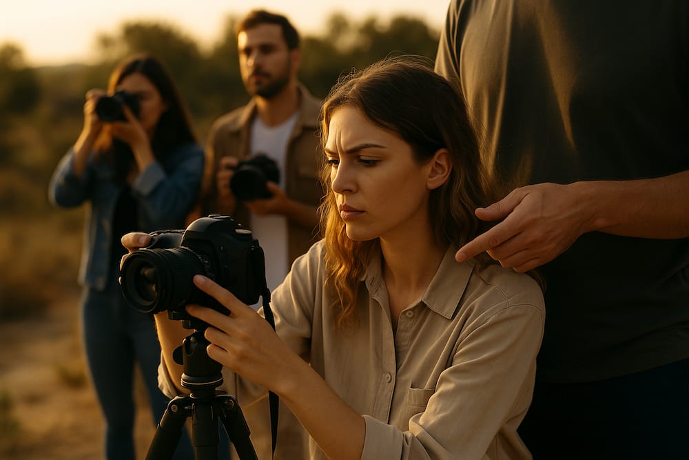 Alumna ajustando la cámara en un trípode durante un curso de fotografía en exteriores en Málaga, guiada por las manos del instructor al atardecer.