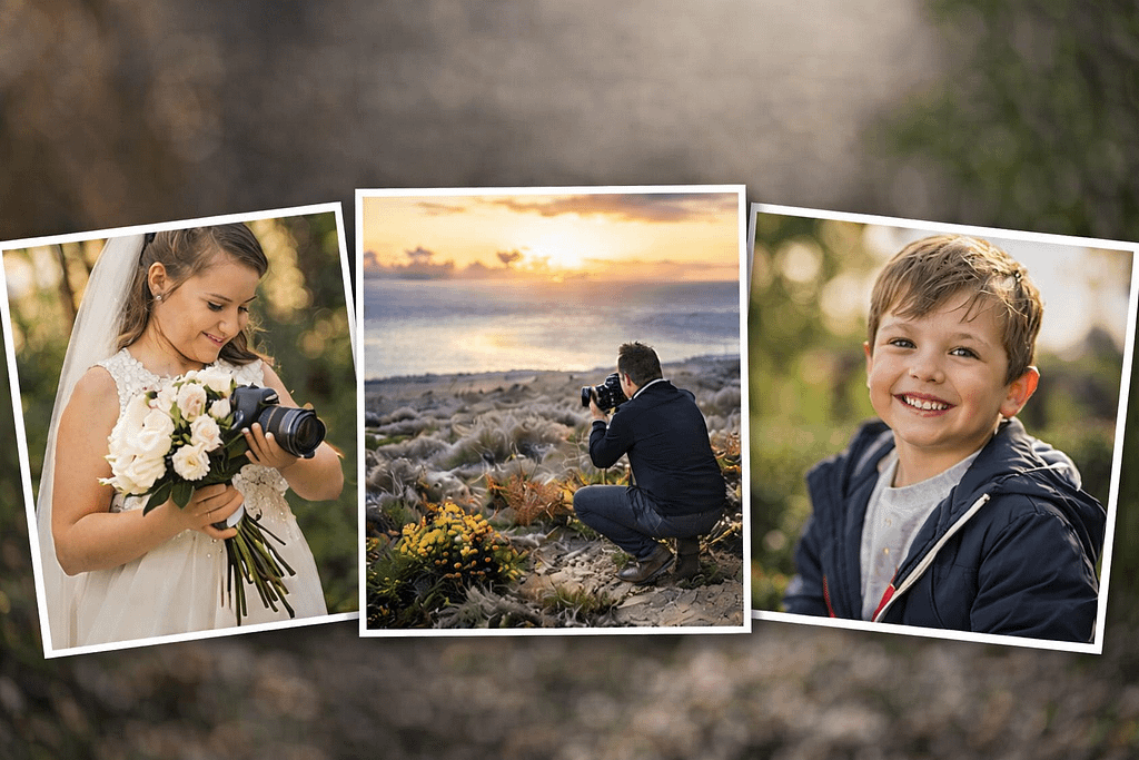 Collage que muestra distintos estilos aprendidos en los cursos de fotografía en Málaga: fotografía de bodas, paisaje al atardecer y retrato infantil con luz natural.